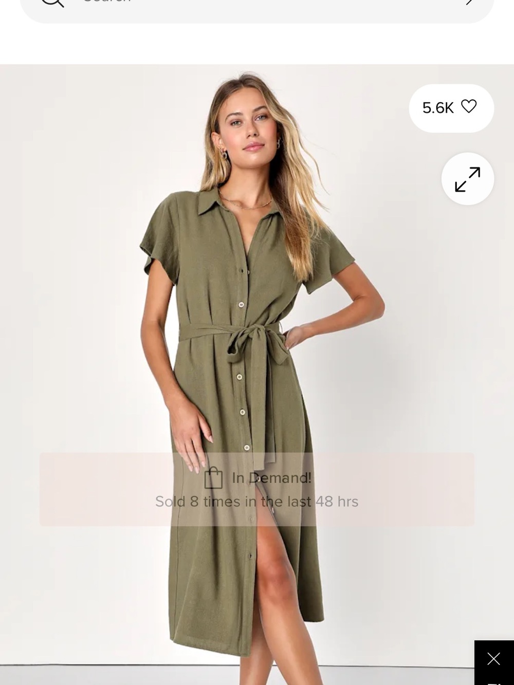 Lulu's Olive Green Button-Front Midi Shirt Dress with Tie Waist